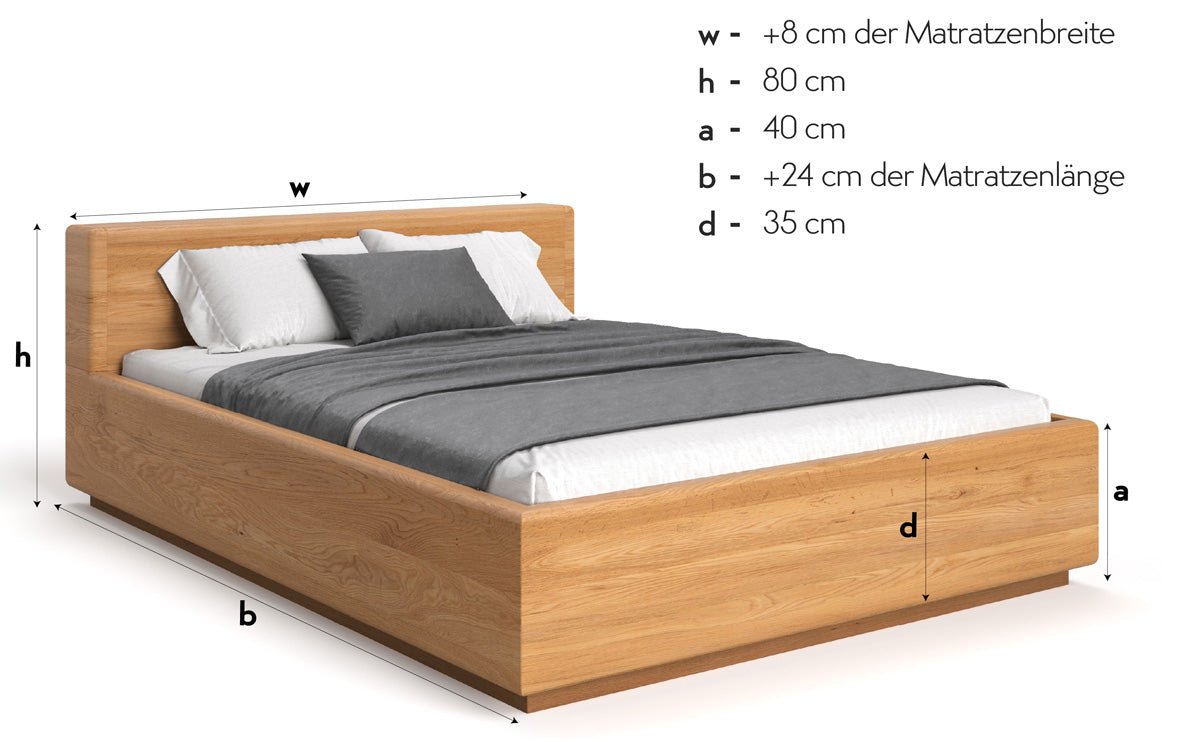 Designers houten bed Calveno van massief eiken met opbergruimte en recht hoofdeinde