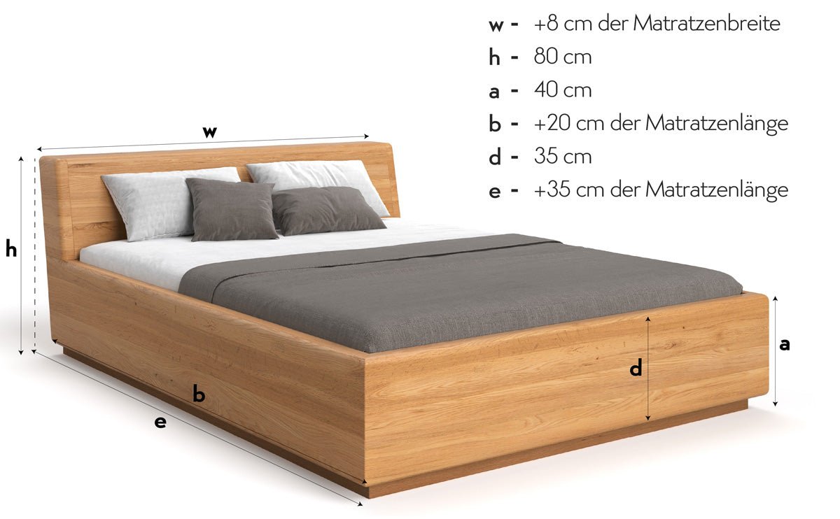 Designers houten bed Calveno van massief eiken met opbergruimte en schuin hoofdeinde