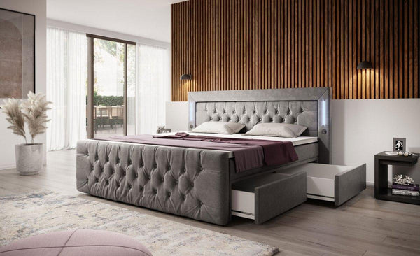 Boxspringbed Charme met LED, USB en opbergruimte (4 laden)
