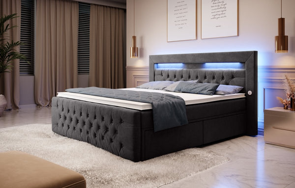 Boxspringbed Sunshine met indirecte verlichting, USB en opbergruimte